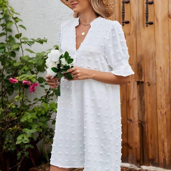 Summer Dresses for Women V Neck Ruffle Short Sleeve Casual Shift Dress - Picture 2 of 6